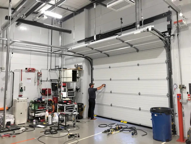 Milford Garage Door Repair certified technician performing commercial door repair at a Milford business facility