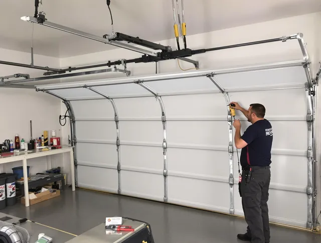 Milford Garage Door Repair certified technician performing overhead door system repair in Milford