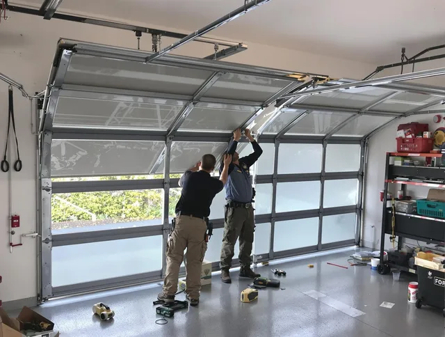 Milford Garage Door Repair expert performing precise panel replacement on Milford garage door